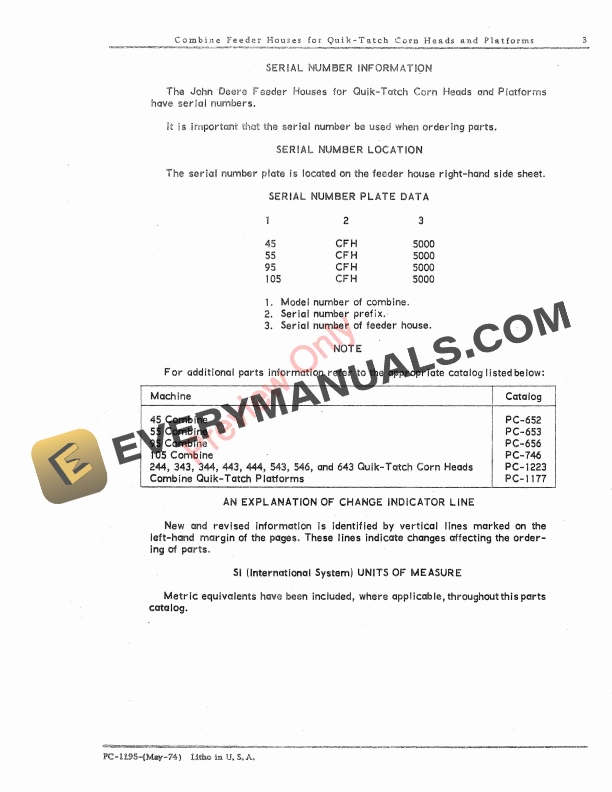 John Deere Combine Feeder Houses for Quik Parts Catalog PC1195 07JUL76 5
