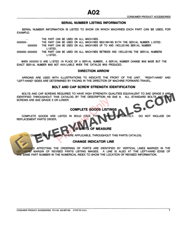 John Deere Consumer Product Accessories Parts Catalog PC1149 02SEP93 4 John Deere Consumer Product Accessories Parts Catalog PC1149 02SEP93 3