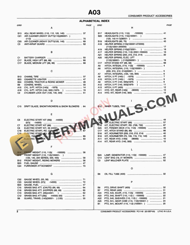 John Deere Consumer Product Accessories Parts Catalog PC1149 02SEP93 5 John Deere Consumer Product Accessories Parts Catalog PC1149 02SEP93 4