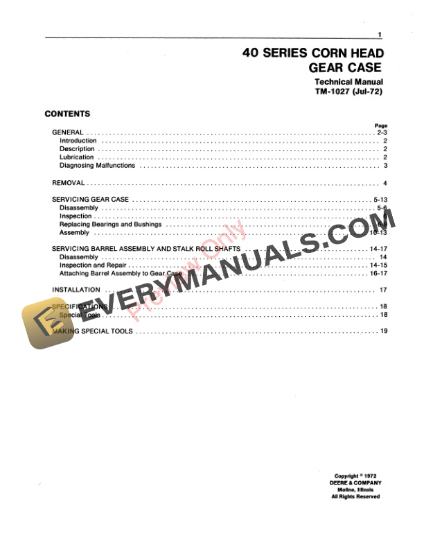 John Deere Corn Head Gear Case Technical Manual TM1027 01JUL72 3
