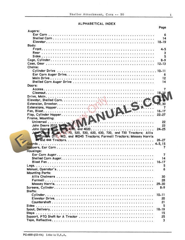 John Deere Corn Sheller Attachment – 50 Parts Catalog PC600 01OCT67-3