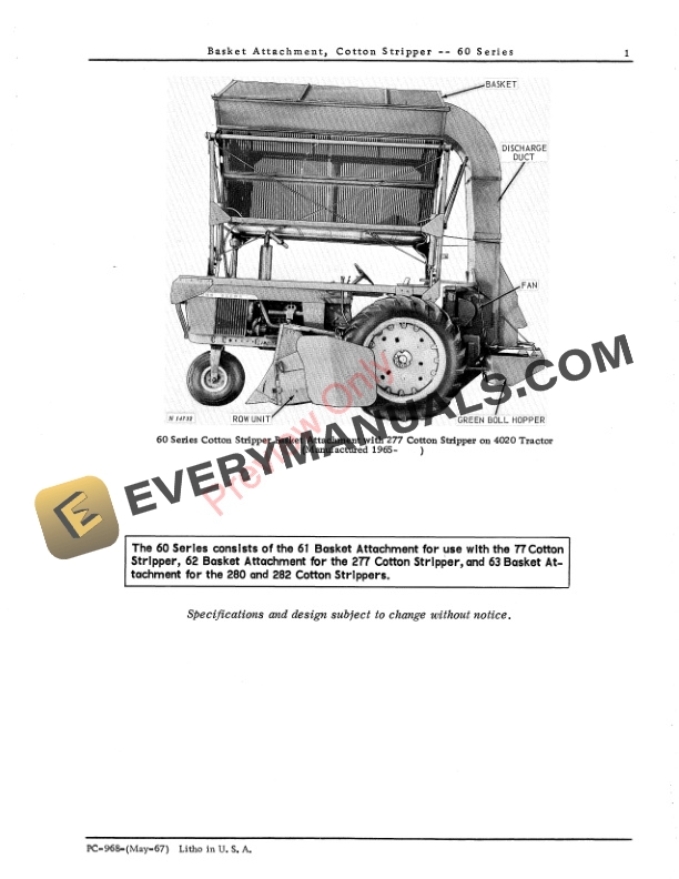 John Deere Cotton Stripper Basket Attachment - 60 Series Parts Catalog PC968 01MAY67 4 John Deere Cotton Stripper Basket Attachment – 60 Series Parts Catalog PC968 01MAY67-3