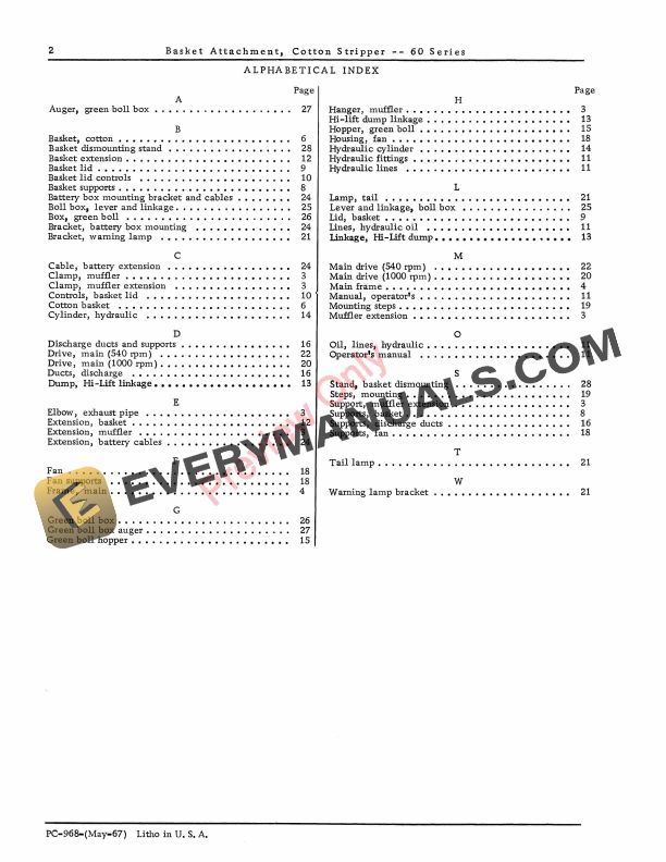 John Deere Cotton Stripper Basket Attachment - 60 Series Parts Catalog PC968 01MAY67 5 John Deere Cotton Stripper Basket Attachment – 60 Series Parts Catalog PC968 01MAY67-4
