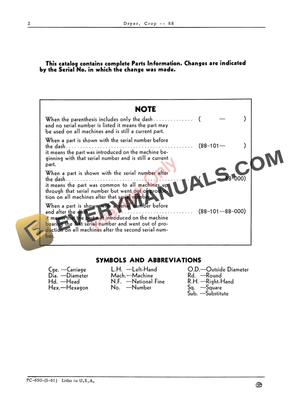 John Deere Crop Dryer – 88 Parts Catalog PC650 01MAY61-4