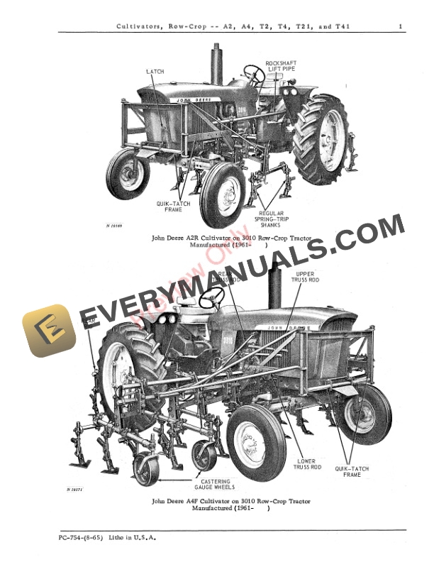 John Deere Cultivators Row Crop A2, A4, T2, T4, T21 AND T41 Parts Catalog PC754 01AUG65-3