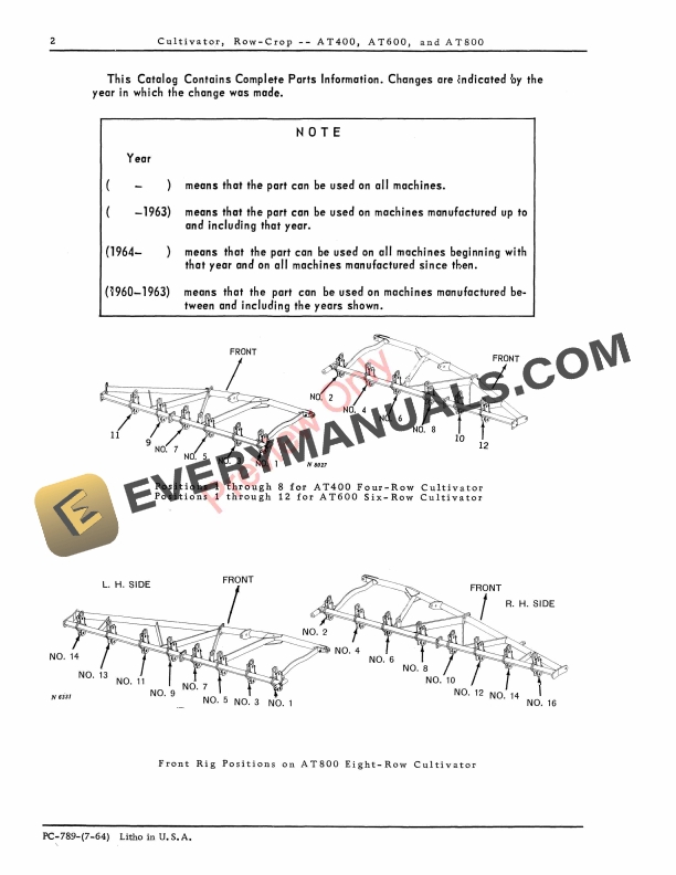John Deere Cultivators row crop Parts Catalog PC789 01JUL64-4