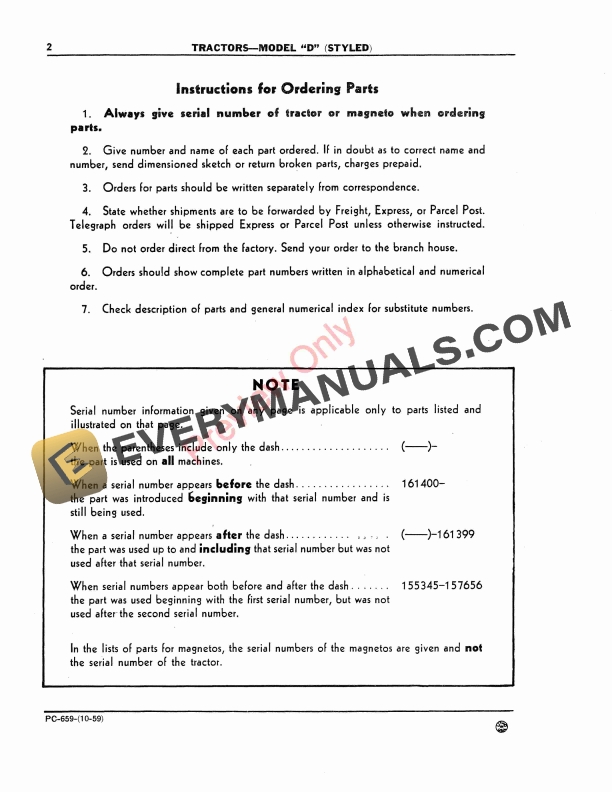 John Deere D Tractor, Styled Parts Catalog PC659 01OCT59-4