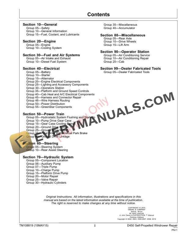 John Deere D450 Self-Propelled Windrower Repair Technical Manual TM108819 15MAY15 5 John Deere D450 Self Propelled Windrower Technical Manual TM108819 15MAY15 3
