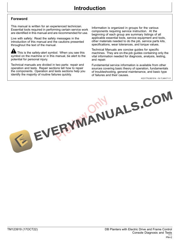 John Deere DB Planters with Electric Drive and Frame Control Console Diagnostic Technical Manual TM123919 17OCT22 4 John Deere DB Planters with Electric Drive and Frame Control Console Diagnostic Technical Manual TM123919 17OCT22 2