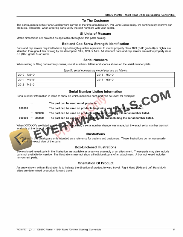 John Deere DB37C Planter 1624 Rows 7045 cm Spacing Convertible Parts Catalog PC10777 02NOV23 5