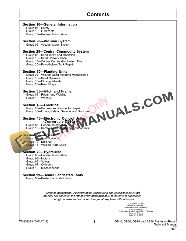 John Deere DB40 DB50 DB74 and DB90 Planters Repair Technical Manual TM804219 12JUN18 3