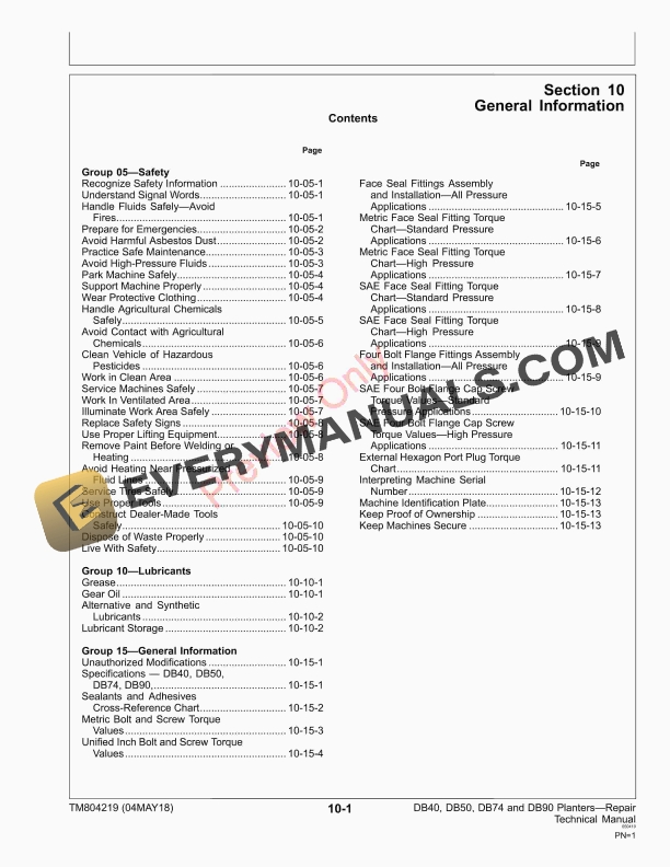 John Deere DB40 DB50 DB74 and DB90 Planters Repair Technical Manual TM804219 12JUN18 5
