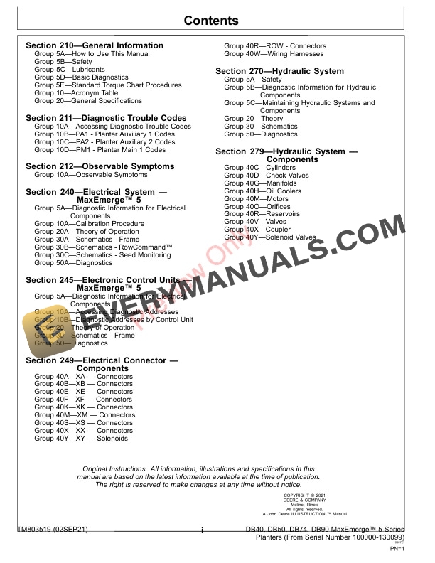 John Deere DB40 DB50 DB74 and DB90 Series Planters 100000 130099 Diagnostic Technical Manual TM803519 02SEP21 3
