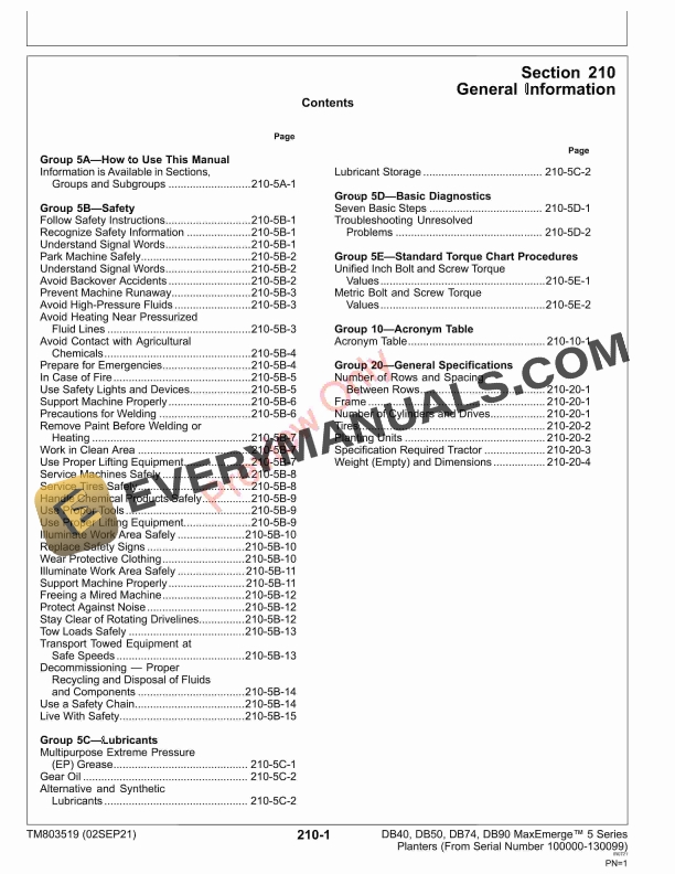 John Deere DB40 DB50 DB74 and DB90 Series Planters 100000 130099 Diagnostic Technical Manual TM803519 02SEP21 5