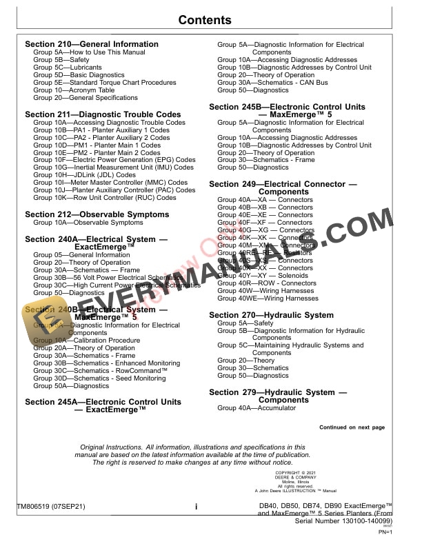 John Deere DB40 DB50 DB74 and DB90 Series Planters Diagnostic Technical Manual TM806519 07SEP21 3