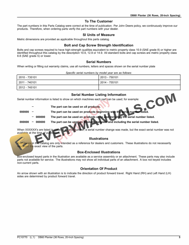 John Deere DB60 Planter 36 Rows 20 Inch Spacing Parts Catalog PC10770 08AUG23 5