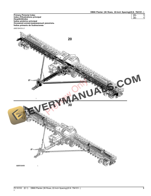 John Deere DB66 Planter (36 Rows, 22-Inch Spacing)(S.N. 794101- ) Parts Catalog PC16153 22MAR23 4 John Deere DB66 Planter (36 Rows, 22-Inch Spacing)(S.N. 794101- ) Parts Catalog PC16153 22MAR23-3