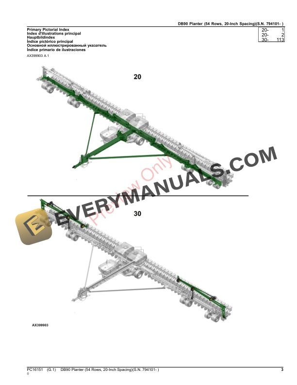 John Deere DB90 Planter (54 Rows, 20-Inch Spacing)(S.N. 794101- ) Parts Catalog PC16151 09OCT23 4 John Deere DB90 Planter (54 Rows, 20-Inch Spacing)(S.N. 794101- ) Parts Catalog PC16151 09OCT23-3