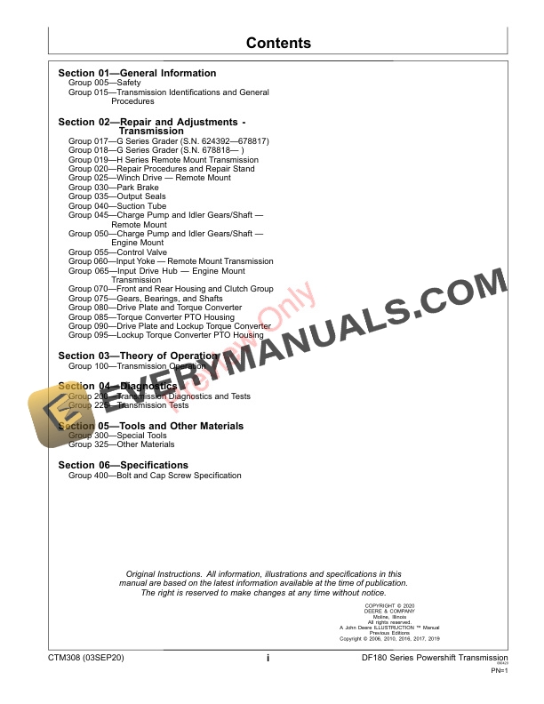 John Deere DF180 Series Powershift Transmission Component Technical Manual CTM308 03SEP20 3