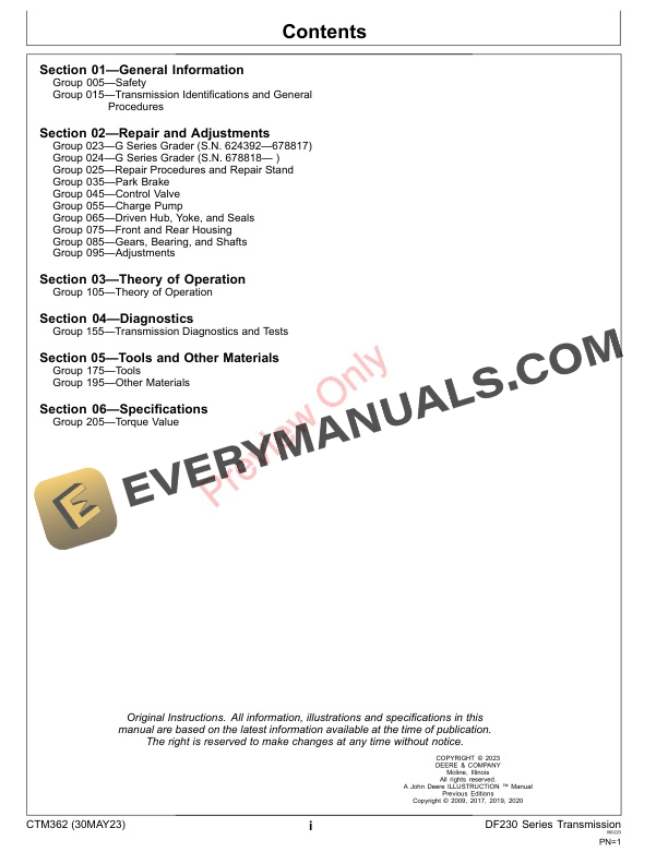 John Deere DF230 Series Transmission Component Technical Manual CTM362 30MAY23 3