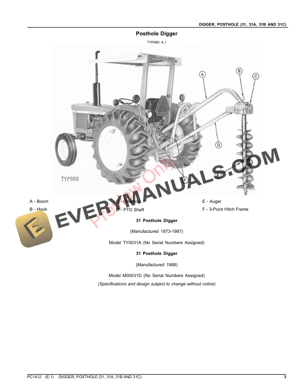 John Deere DIGGER, POSTHOLE - 31, 31A, 31B AND 31C Parts Catalog PC1412 04OCT19 4 John Deere DIGGER, POSTHOLE – 31, 31A, 31B AND 31C Parts Catalog PC1412 04OCT19-3