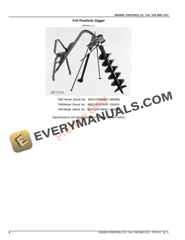 John Deere DIGGER, POSTHOLE - 31, 31A, 31B AND 31C Parts Catalog PC1412 04OCT19 5 John Deere DIGGER, POSTHOLE – 31, 31A, 31B AND 31C Parts Catalog PC1412 04OCT19-4