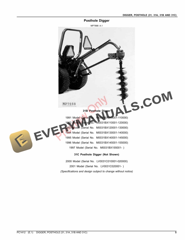 John Deere DIGGER, POSTHOLE - 31, 31A, 31B AND 31C Parts Catalog PC1412 04OCT19 6 John Deere DIGGER, POSTHOLE – 31, 31A, 31B AND 31C Parts Catalog PC1412 04OCT19-5