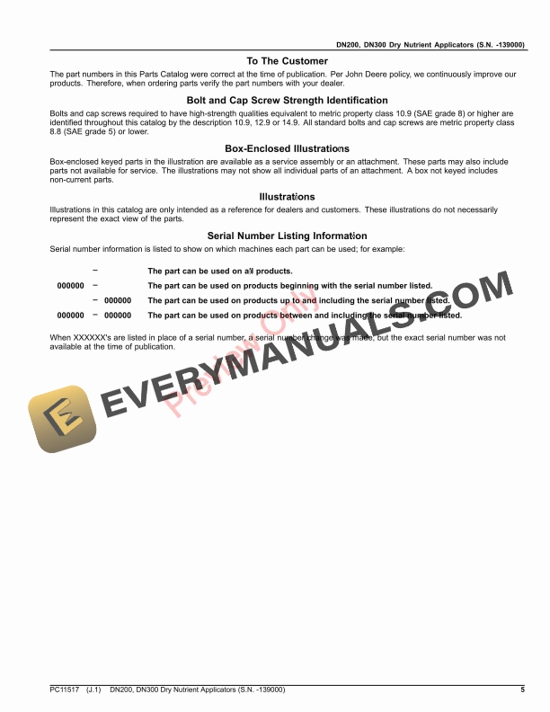 John Deere DN200 DN300 Dry Nutrient Applicators S.N. 139000 Parts Catalog PC11517 20SEP21 5