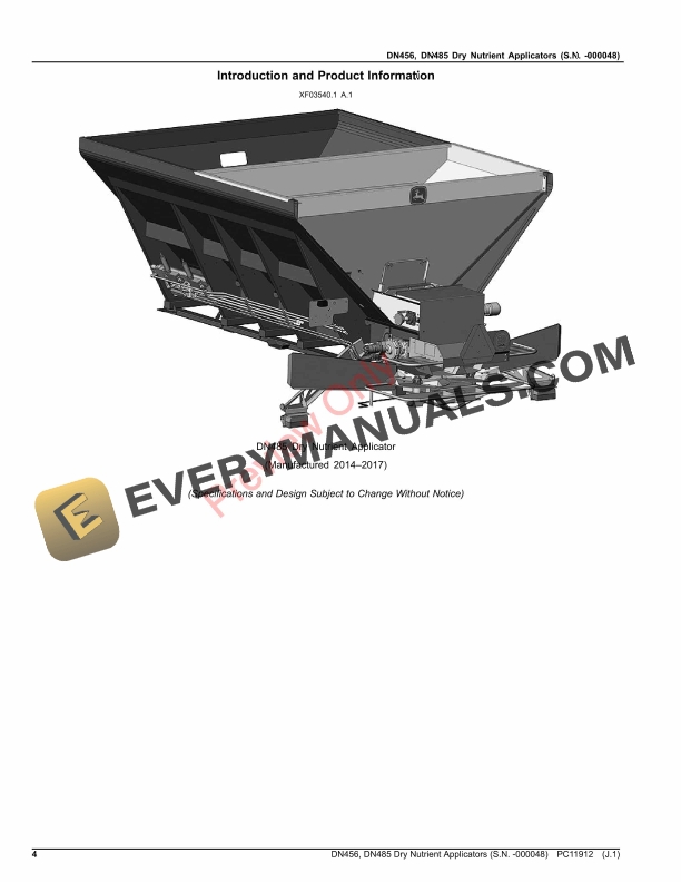 John Deere DN456 DN485 Dry Nutrient Applicators S.N. 139000 Parts Catalog PC11912 21OCT22 4