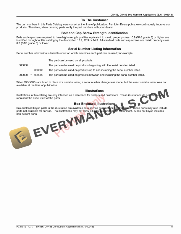 John Deere DN456 DN485 Dry Nutrient Applicators S.N. 139000 Parts Catalog PC11912 21OCT22 5