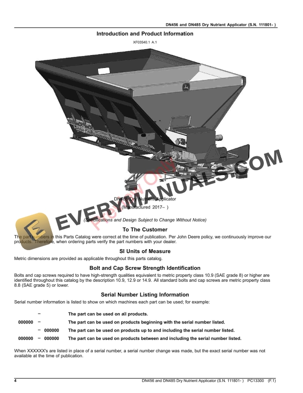John Deere DN456 and DN485 Dry Nutrient Applicator (S.N. 577800- ) Parts Catalog PC13300 22MAR23 5 John Deere DN456 and DN485 Dry Nutrient Applicator (S.N. 577800- ) Parts Catalog PC13300 22MAR23-4