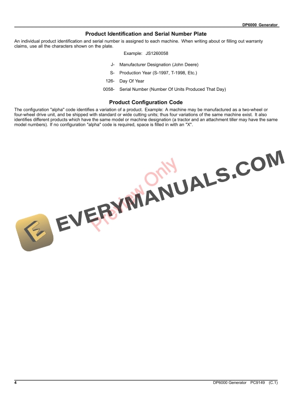 John Deere DP6000 GENERATOR Parts Catalog PC9149 31OCT22-4