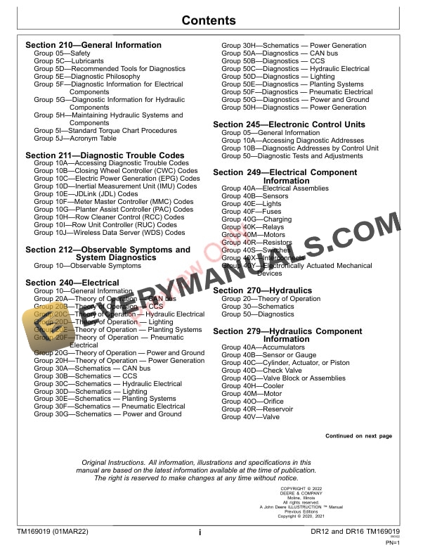 John Deere DR 12 and DR 16 Deere Orthman Planters Diagnostic Technical Manual TM169019 01MAR22 3