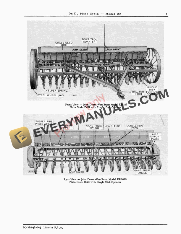 John Deere DR Plain Grain Drill Parts Catalog PC338 01FEB64-1