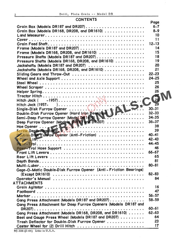 John Deere DR Plain Grain Drill Parts Catalog PC338 01FEB64-2