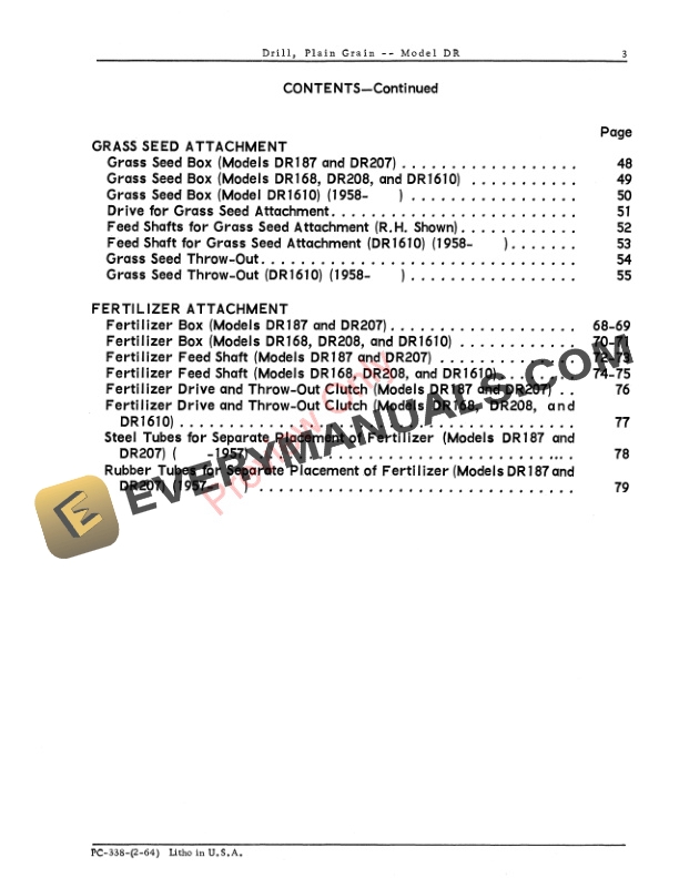 John Deere DR Plain Grain Drill Parts Catalog PC338 01FEB64-3