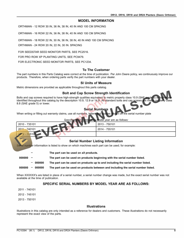 John Deere DR12 DR16 DR18 and DR24 Planters Deere Orthman Parts Catalog PC10394 26AUG23 5