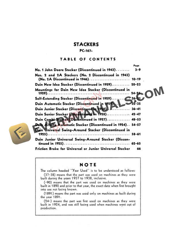 John Deere Dain Stackers Parts Catalog PC167 01APR51-2