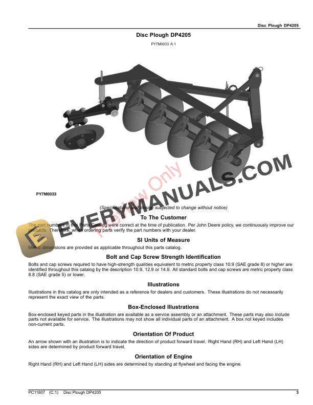 John Deere Disc Plough DP4205 Parts Catalog PC11807 27NOV17 3
