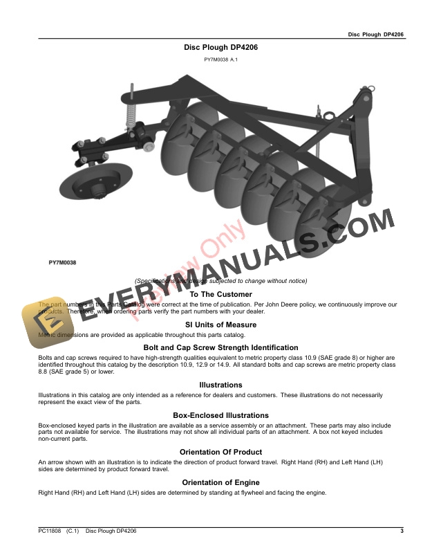 John Deere Disc Plough DP4206 Parts Catalog PC11808 27NOV17 3