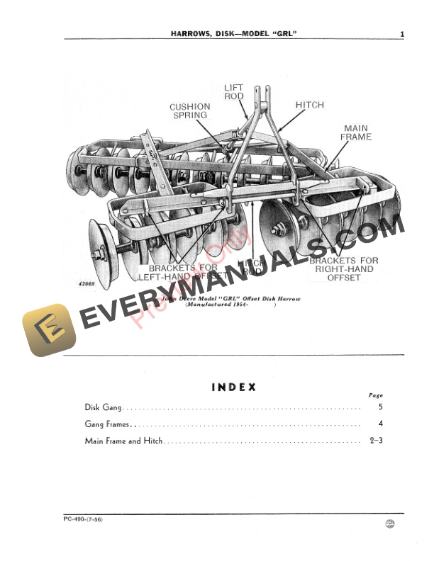 John Deere Disk Harrow – Model GRL Parts Catalog PC490 01JUL56-3