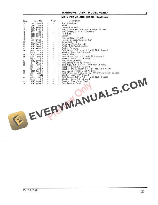 John Deere Disk Harrow – Model GRL Parts Catalog PC490 01JUL56-5