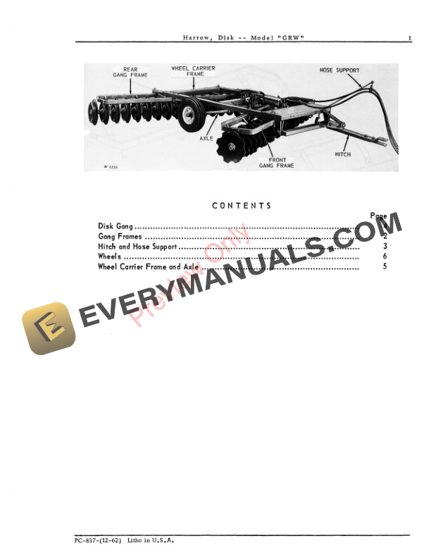 John Deere Disk Harrow – Model ‘GRW’ Parts Catalog PC837 01DEC62-3