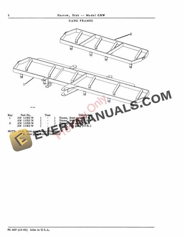 John Deere Disk Harrow – Model ‘GRW’ Parts Catalog PC837 01DEC62-4
