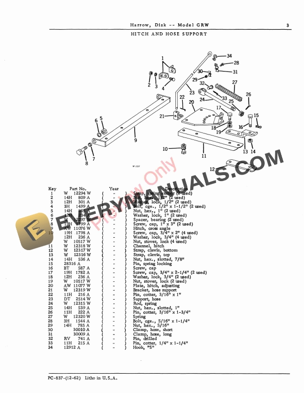 John Deere Disk Harrow – Model ‘GRW’ Parts Catalog PC837 01DEC62-5