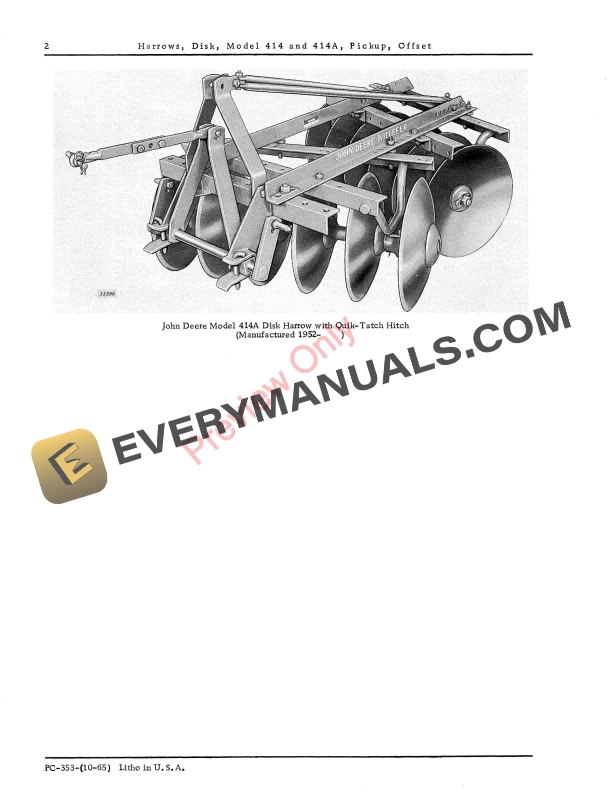 John Deere Disk Harrow, Pickup, Offset - 414, 414A Parts Catalog PC353 01OCT65 5 John Deere Disk Harrow, Pickup, Offset – 414, 414A Parts Catalog PC353 01OCT65-4