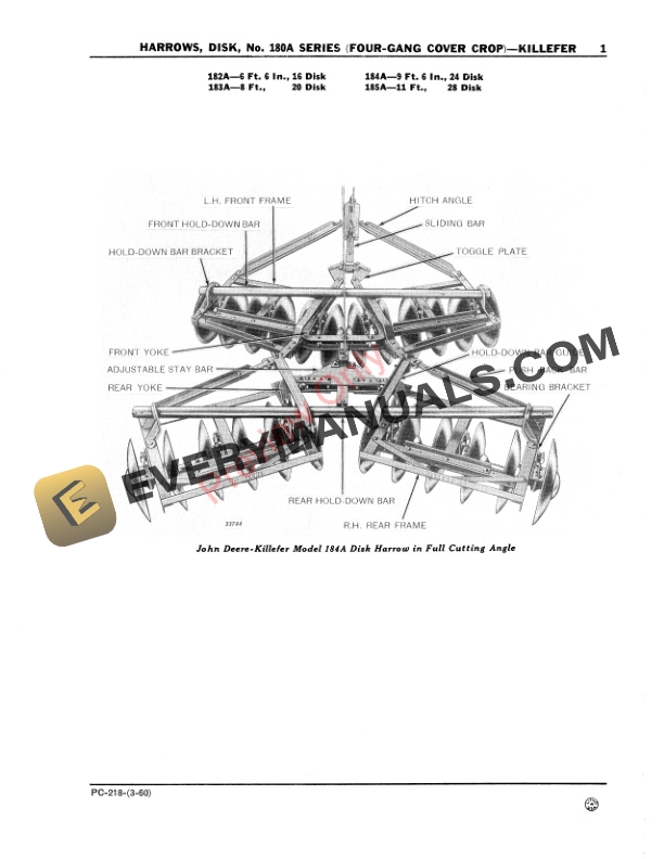 John Deere Disk Harrows – 180A Series (Four Gang Cover Crop) Parts Catalog PC218 01MAR60-3