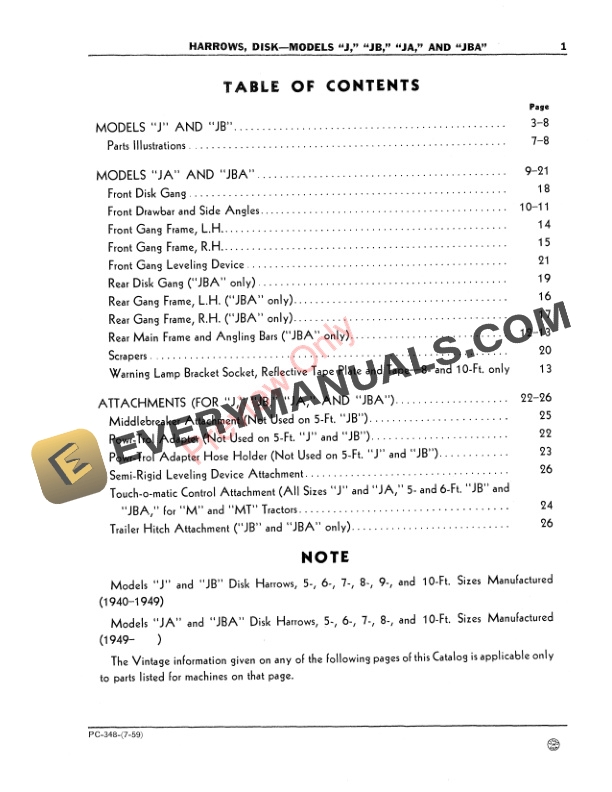 John Deere Disk Harrows – Models J, JB, JA, JBA Parts Catalog PC348 01JUL59-3
