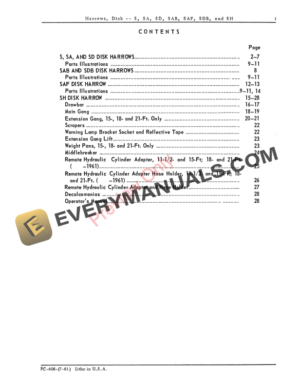 John Deere Disk Harrows - S, SA, SD, SH, SAB, SAF, SDB Parts Catalog PC408 01JUL61 8 John Deere Disk Harrows – S, SA, SD, SH, SAB, SAF, SDB Parts Catalog PC408 01JUL61-5