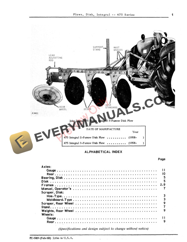 John Deere Disk Integral Plows – 475 Series Parts Catalog PC589 01FEB68-3